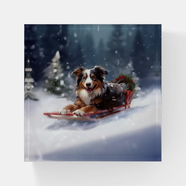 Australian Shepherd Christmas snow winter Paperweight (Front)