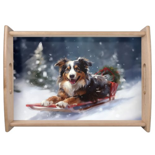 Australian Shepherd Christmas snow winter Serving Tray