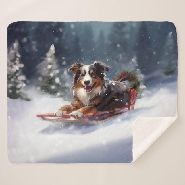 Australian Shepherd Christmas snow winter Sherpa Blanket (Front (Horizontal))