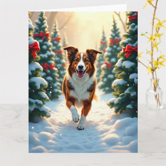 Australian Shepherd Christmas Tree Farm Painting Card (Yellow Flower)