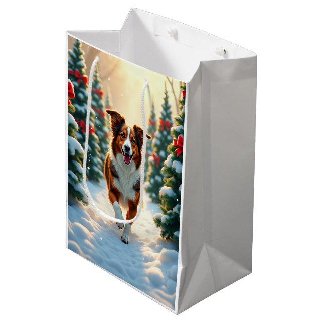 Australian Shepherd Christmas Tree Farm Painting Medium Gift Bag (Front Angled)