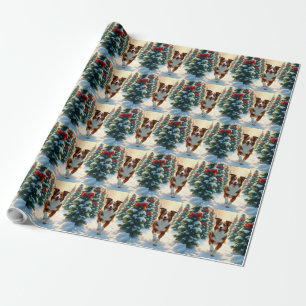 Australian Shepherd Christmas Tree Farm Painting Wrapping Paper