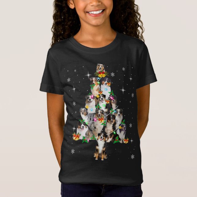 Australian Shepherd Christmas Tree Lights Xmas Paj T-Shirt (Front)
