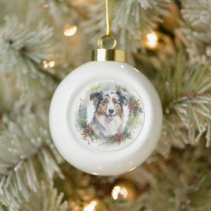 Australian Shepherd Christmas Wreath Festive Pup  Ceramic Ball Christmas Ornament