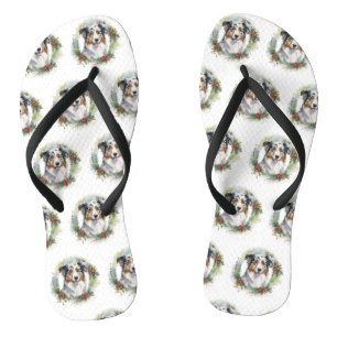 Australian Shepherd Christmas Wreath Festive Pup  Flip Flops
