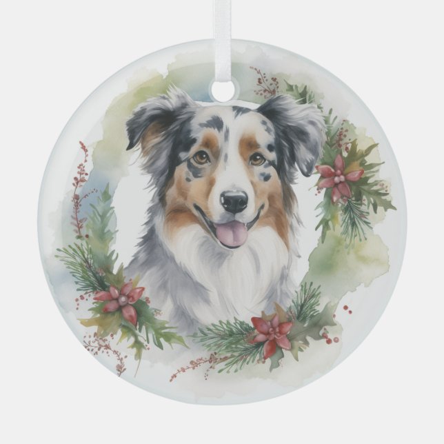 Australian Shepherd Christmas Wreath Festive Pup  Glass Ornament (Front)
