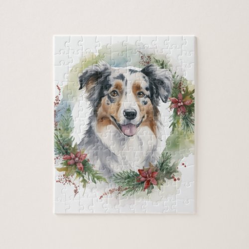 Australian Shepherd Christmas Wreath Festive Pup  Jigsaw Puzzle