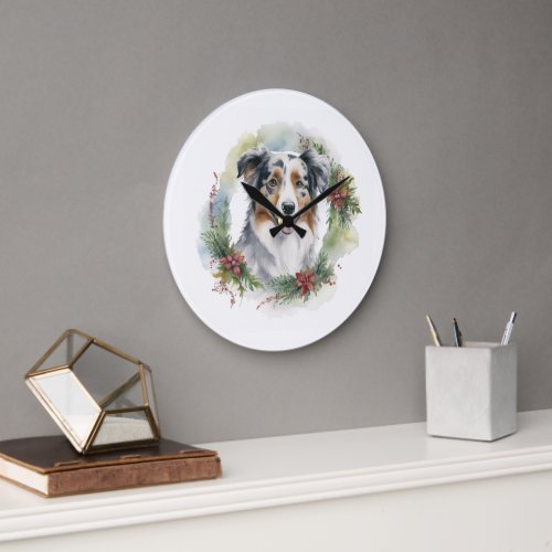 Australian Shepherd Christmas Wreath Festive Pup  Large Clock