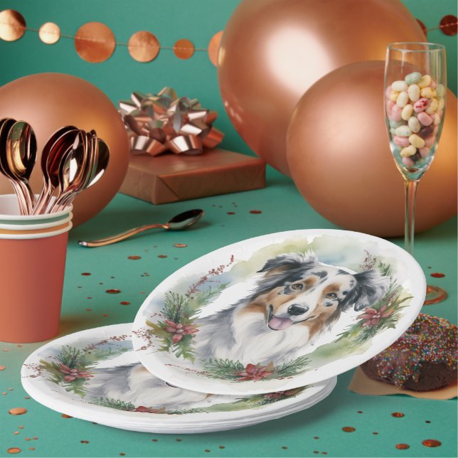 Australian Shepherd Christmas Wreath Festive Pup  Paper Plates (Multi)