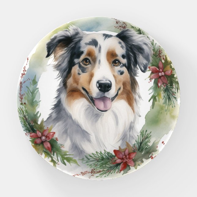 Australian Shepherd Christmas Wreath Festive Pup  Paperweight (Front)