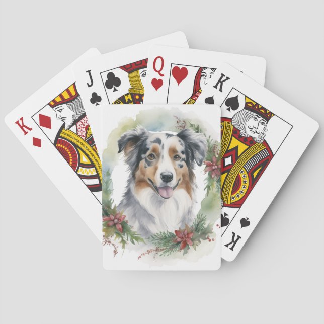 Australian Shepherd Christmas Wreath Festive Pup  Poker Cards (Back)