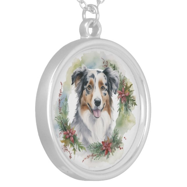Australian Shepherd Christmas Wreath Festive Pup  Silver Plated Necklace (Front Left)