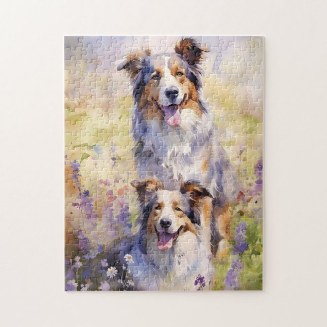Australian Shepherd colorful watercolor artwork Jigsaw Puzzle (Vertical)