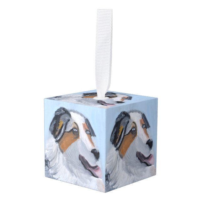 Australian Shepherd Cube Ornament (Front Angled)