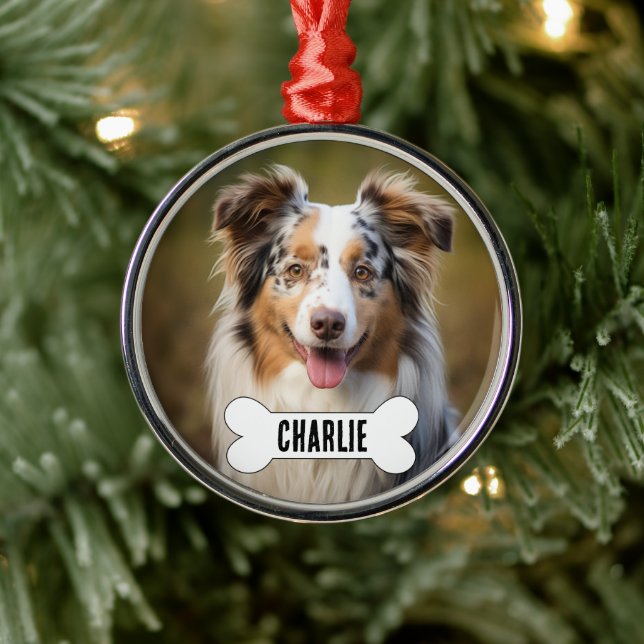 Australian Shepherd Custom Dog Photo and Name Metal Ornament (Tree)