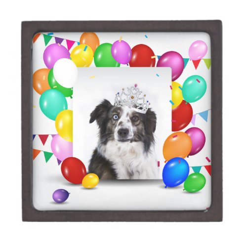 Australian Shepherd Dog Balloons Crown Birthday Keepsake Box