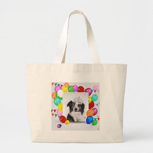 Australian Shepherd Dog Balloons Crown Birthday Large Tote Bag