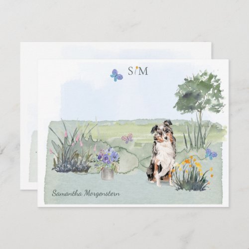 Australian Shepherd Dog Butterfly Monogram Name   Note Card