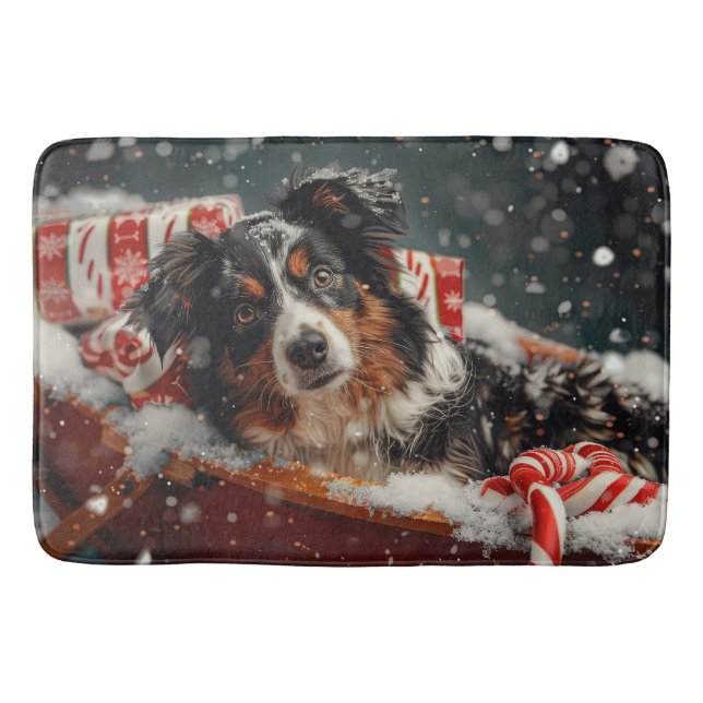 Australian Shepherd Dog Christmas Festive Bath Mat (Front)