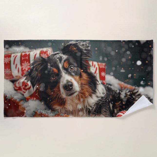 Australian Shepherd Dog Christmas Festive Beach Towel (Front)