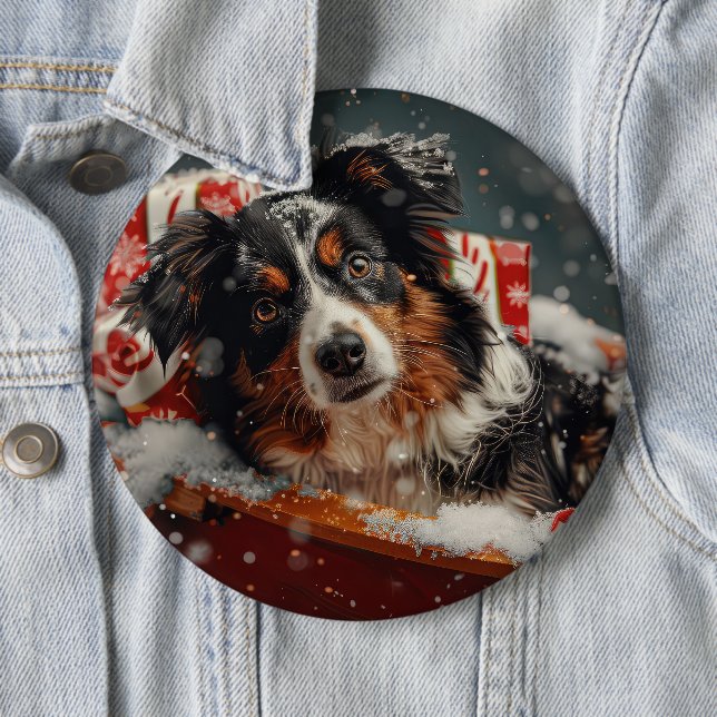 Australian Shepherd Dog Christmas Festive Button (In Situ)