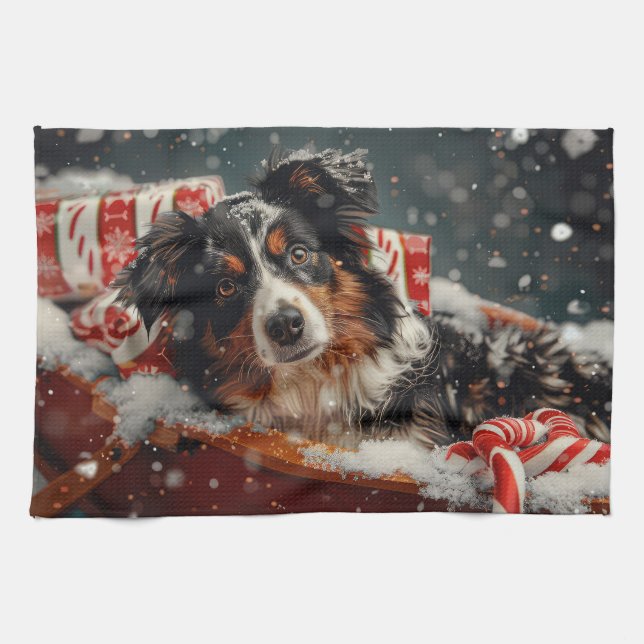 Australian Shepherd Dog Christmas Festive Kitchen Towel (Horizontal)