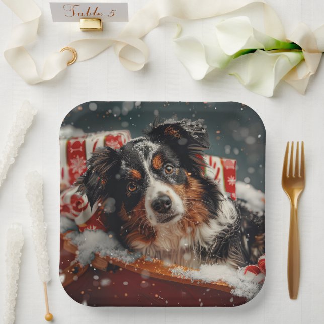 Australian Shepherd Dog Christmas Festive Paper Plates (Wedding)