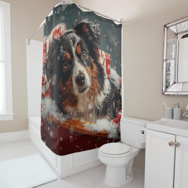 Australian Shepherd Dog Christmas Festive Shower Curtain (In Situ)