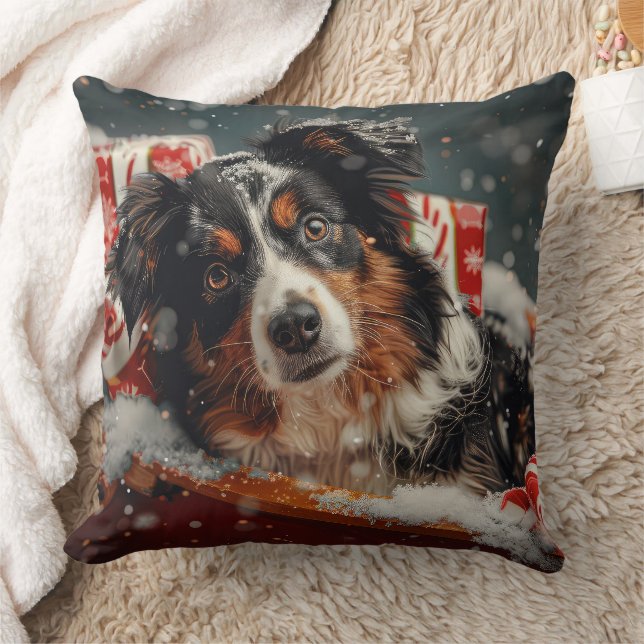 Australian Shepherd Dog Christmas Festive Throw Pillow (Blanket)