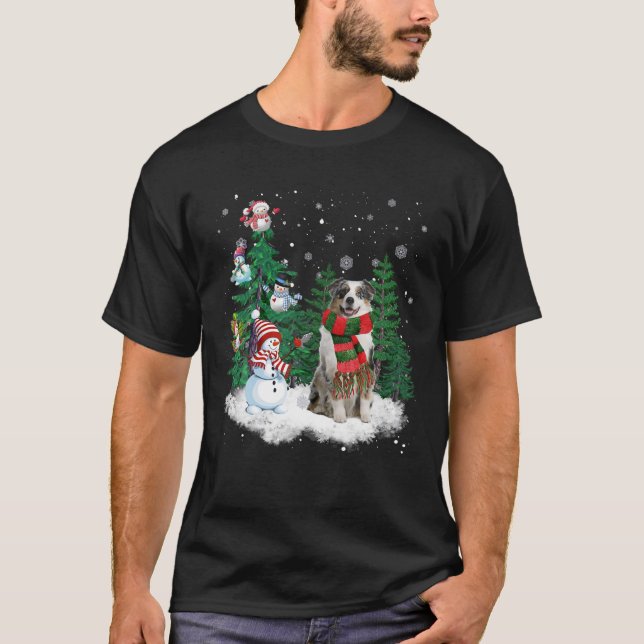 Australian Shepherd Dog Christmas Snowman Xmas Tre T-Shirt (Front)