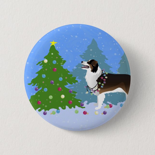 Australian Shepherd Dog Decorating Christmas Tree Button (Front)