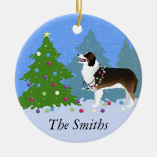 Australian Shepherd Dog Decorating Christmas Tree Ceramic Ornament