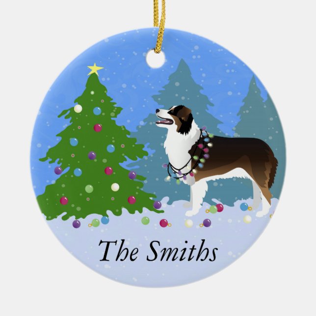 Australian Shepherd Dog Decorating Christmas Tree Ceramic Ornament (Front)