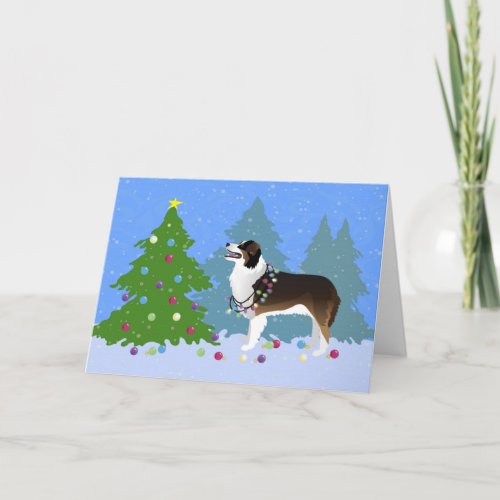 Australian Shepherd Dog Decorating Christmas Tree Holiday Card