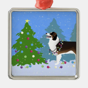 Australian Shepherd Dog Decorating Christmas Tree Metal Ornament