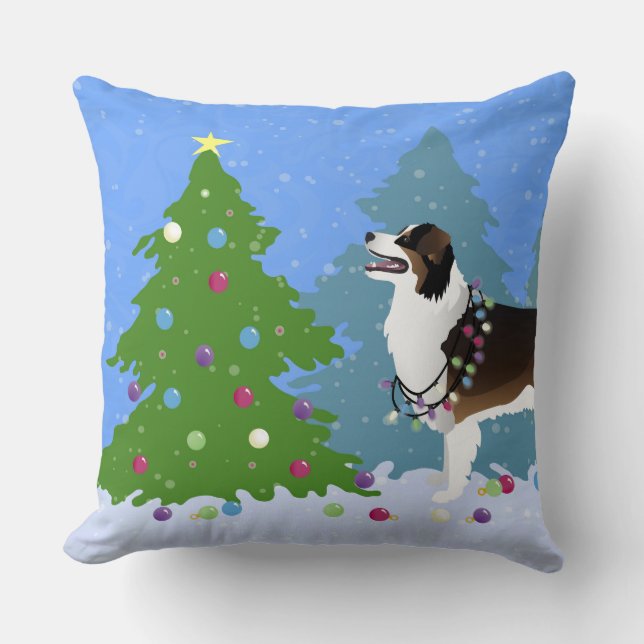 Australian Shepherd Dog Decorating Christmas Tree Throw Pillow (Front)