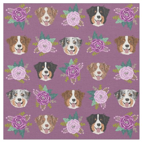 Australian Shepherd dog faces purple floral Fabric