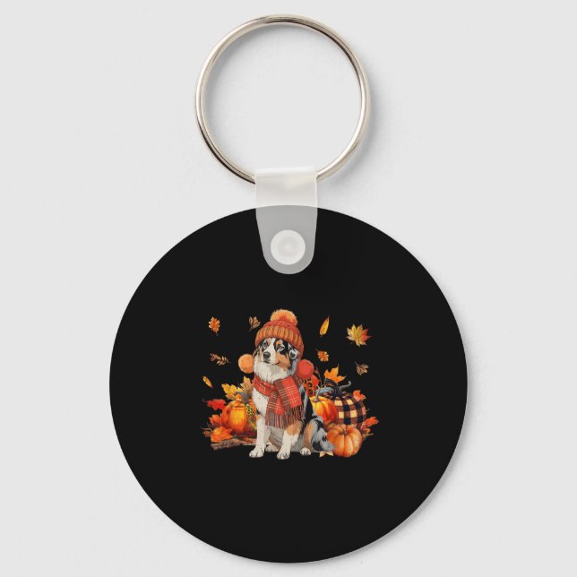 Australian Shepherd Dog Fall Scarf Leopard Pumpkin Keychain (Front)