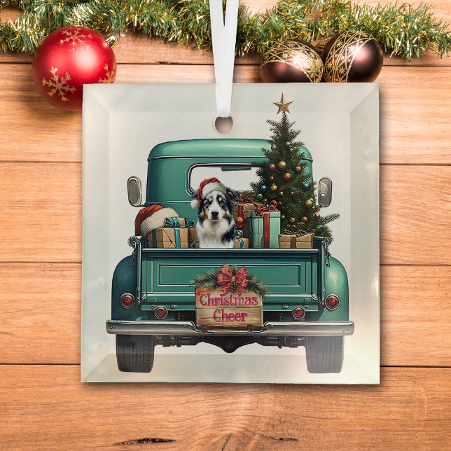 Australian Shepherd Dog Farm Truck Christmas Glass Ornament (Creator Uploaded)