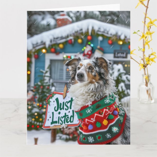 Australian Shepherd Dog Festive Realtor Christmas Card (Yellow Flower)