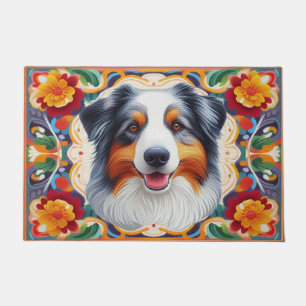 Australian Shepherd Dog Floral Colorful Border  Doormat