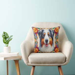 Australian Shepherd Dog Floral Colorful Border Throw Pillow