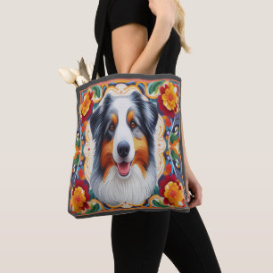 Australian Shepherd Dog Floral Colorful Border  Tote Bag