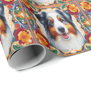 Australian Shepherd Dog Floral Colorful Border Wrapping Paper