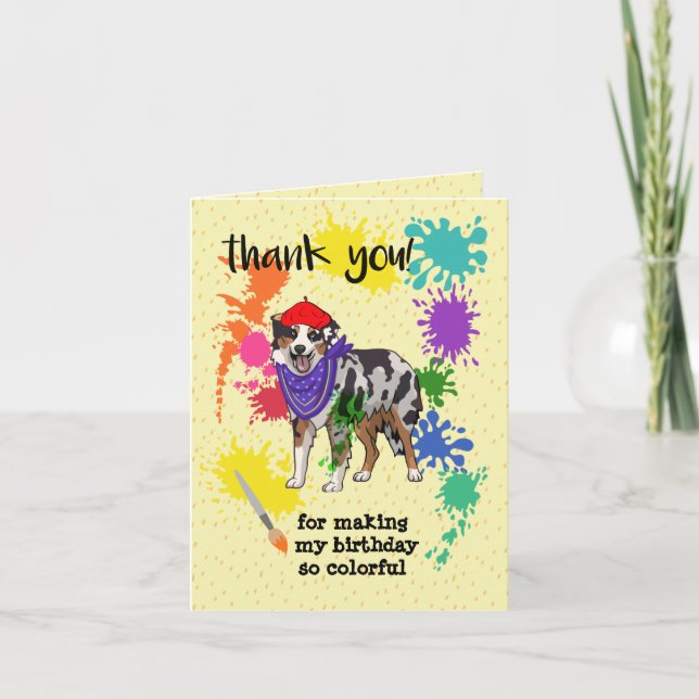 Australian Shepherd Dog Fun Art Birthday Party   Thank You Card (Front)