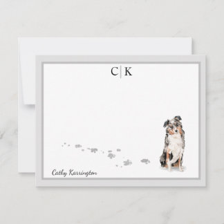 Australian Shepherd Dog Gray Border Monogram Name Note Card