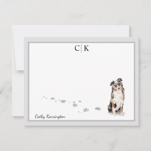 Australian Shepherd Dog Gray Border Monogram Name Note Card