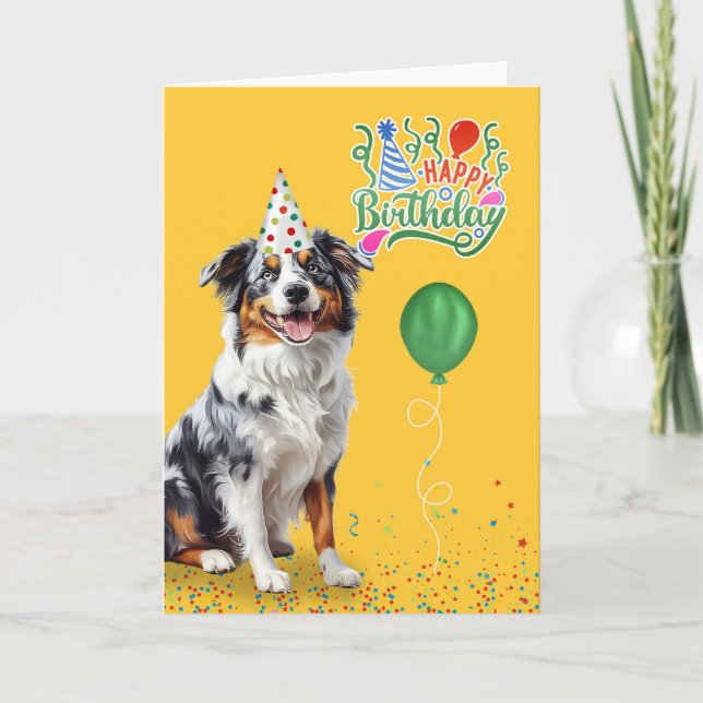 Australian Shepherd Dog in a Party Hat Birthday Card (Front)