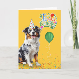 Australian Shepherd Dog in a Party Hat Birthday Card