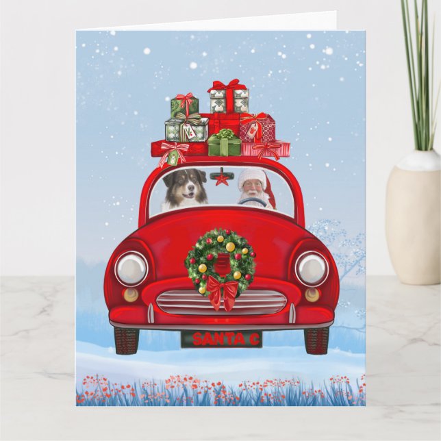Australian Shepherd Dog In Car With Santa Claus  Card (Front)